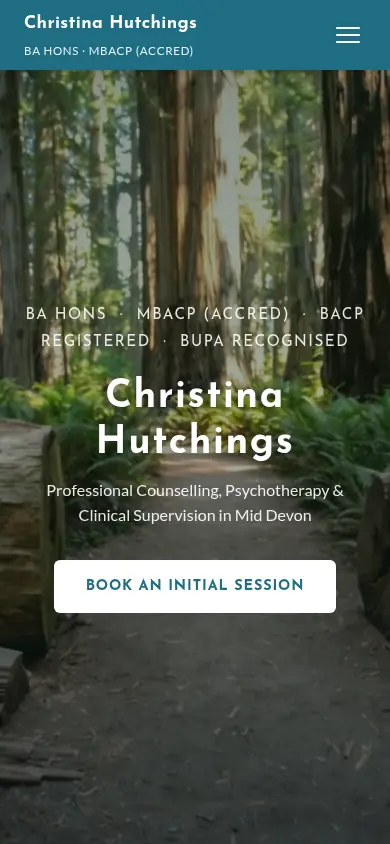 Phone view of christinahutchings.uk: a teal bar with the name and a three-line menu icon, the forest photo behind the name split over two lines, the services line, the credentials and a wide white Book an Initial Session button.