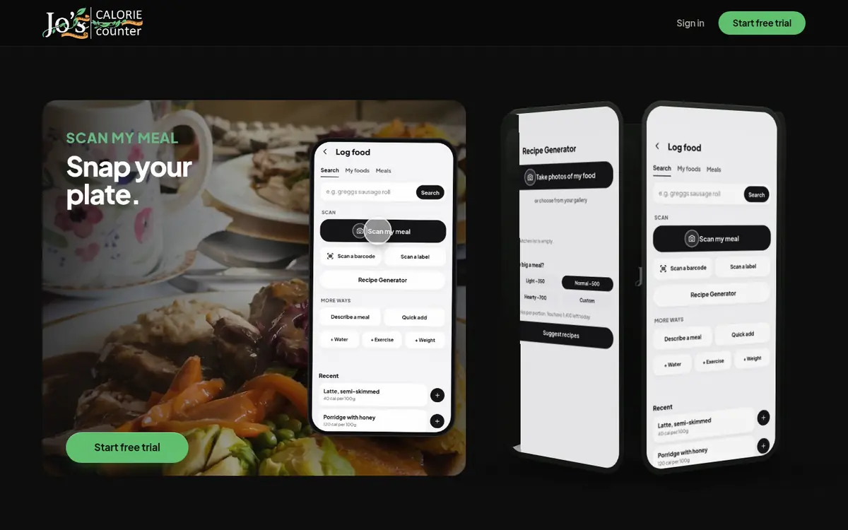 Desktop home page of Jo's calorie counter: a dark page with the heading Snap your plate over a photo of a plated dinner, a phone screen showing the app's Log food screen with a Scan my meal button, two more phone screens to the right, and green Start free trial buttons in the header and under the heading.