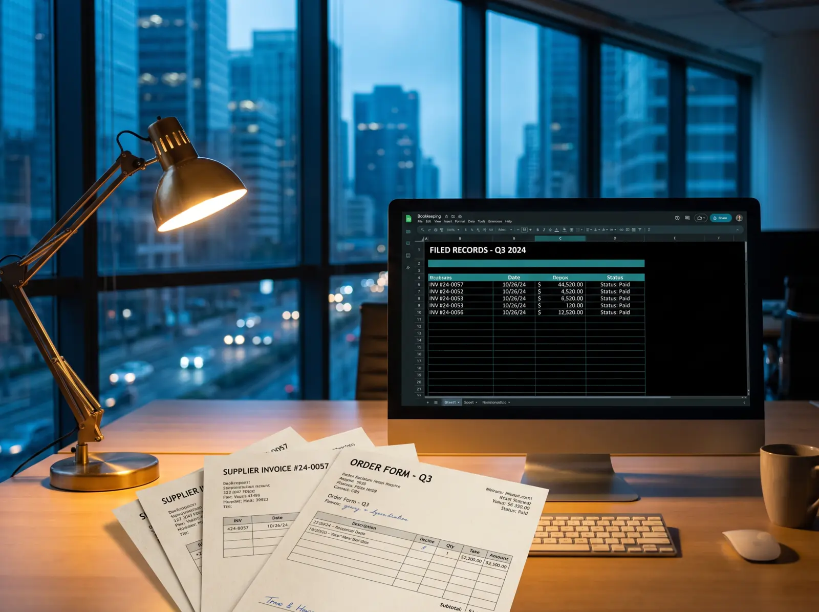 Supplier invoices and order forms beside a screen showing the same figures filed into a system.