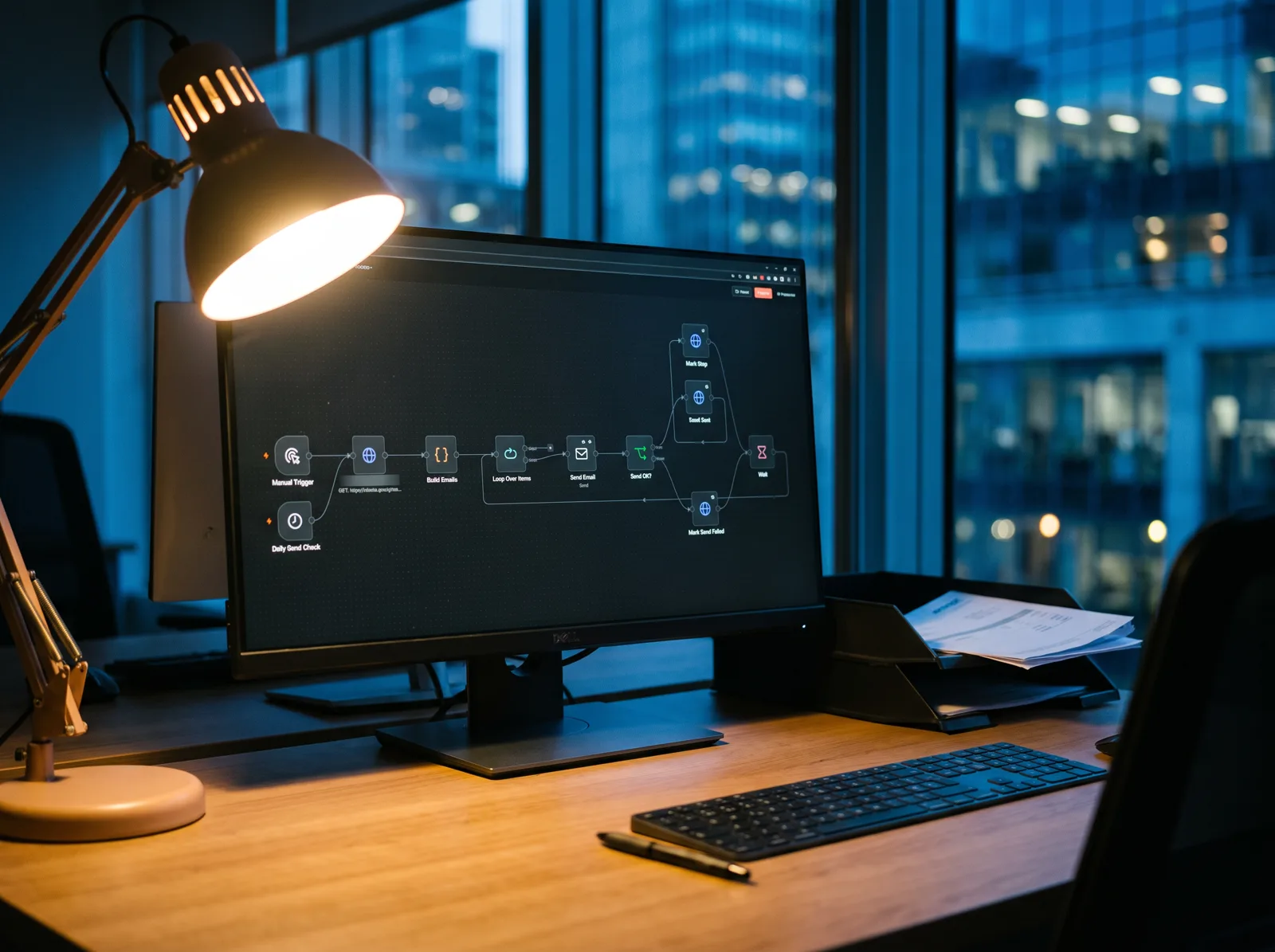 A monitor showing an automated workflow beside a tray of invoices.